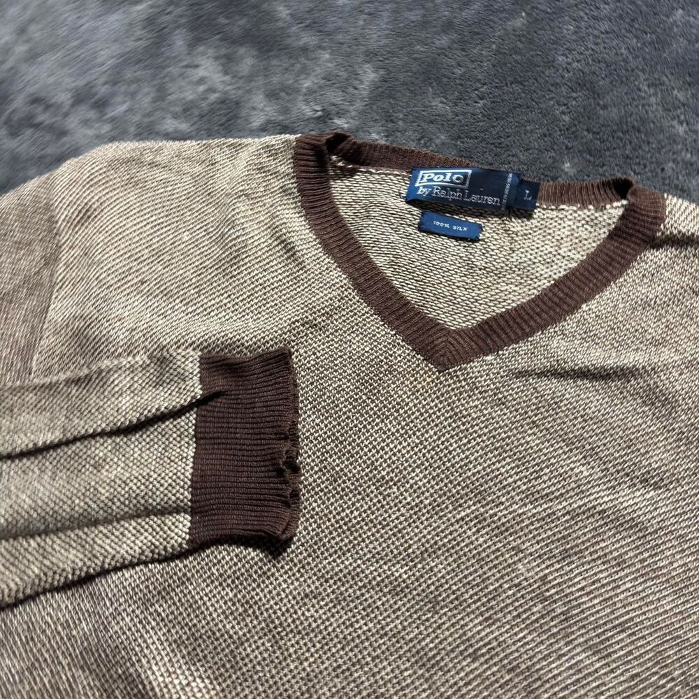 Polo Ralph Lauren Silk Sweater Mens Large Brown Tan Crewneck Vintage